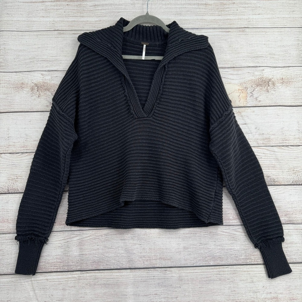 Free People Pullover Sweater Womens Small Black Ribbed V-Neck Collared OB1332205